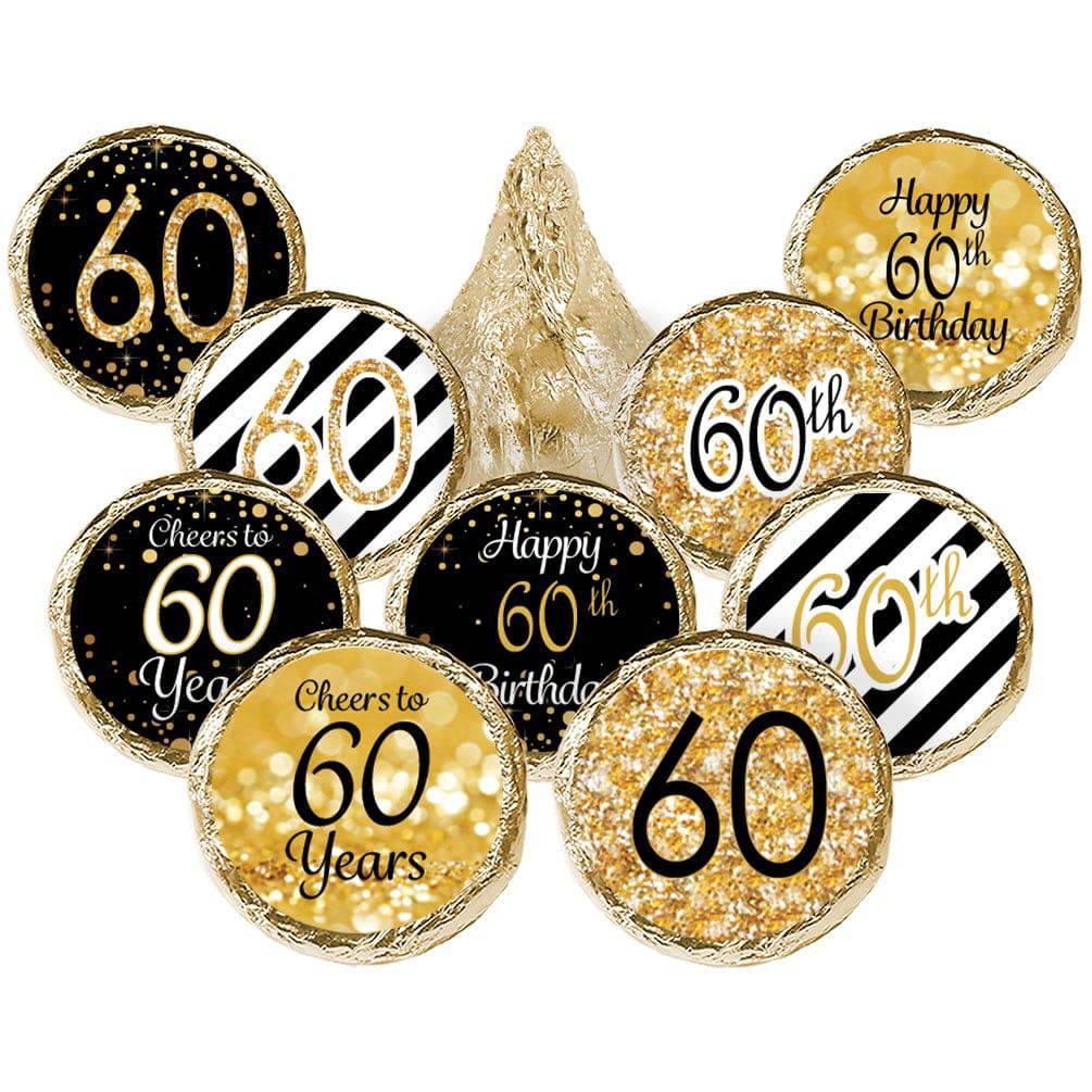 60th Birthday: Black & Gold - Fits on Hershey's Kisses - 180 Stickers - Distinctivs Party