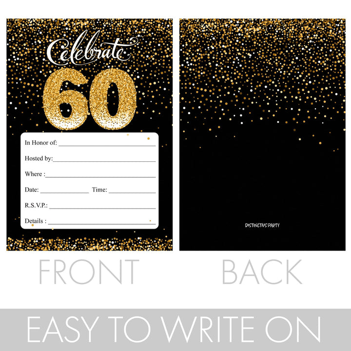 60th Birthday: Black & Gold Invitation Cards with Envelopes - Adult Birthday -  10 Pack - Distinctivs Party