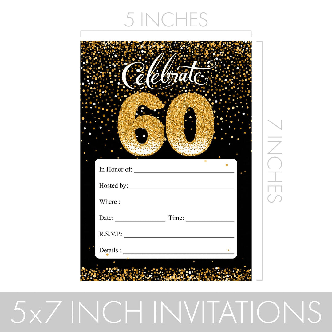 60th Birthday: Black & Gold Invitation Cards with Envelopes - Adult Birthday -  10 Pack - Distinctivs Party