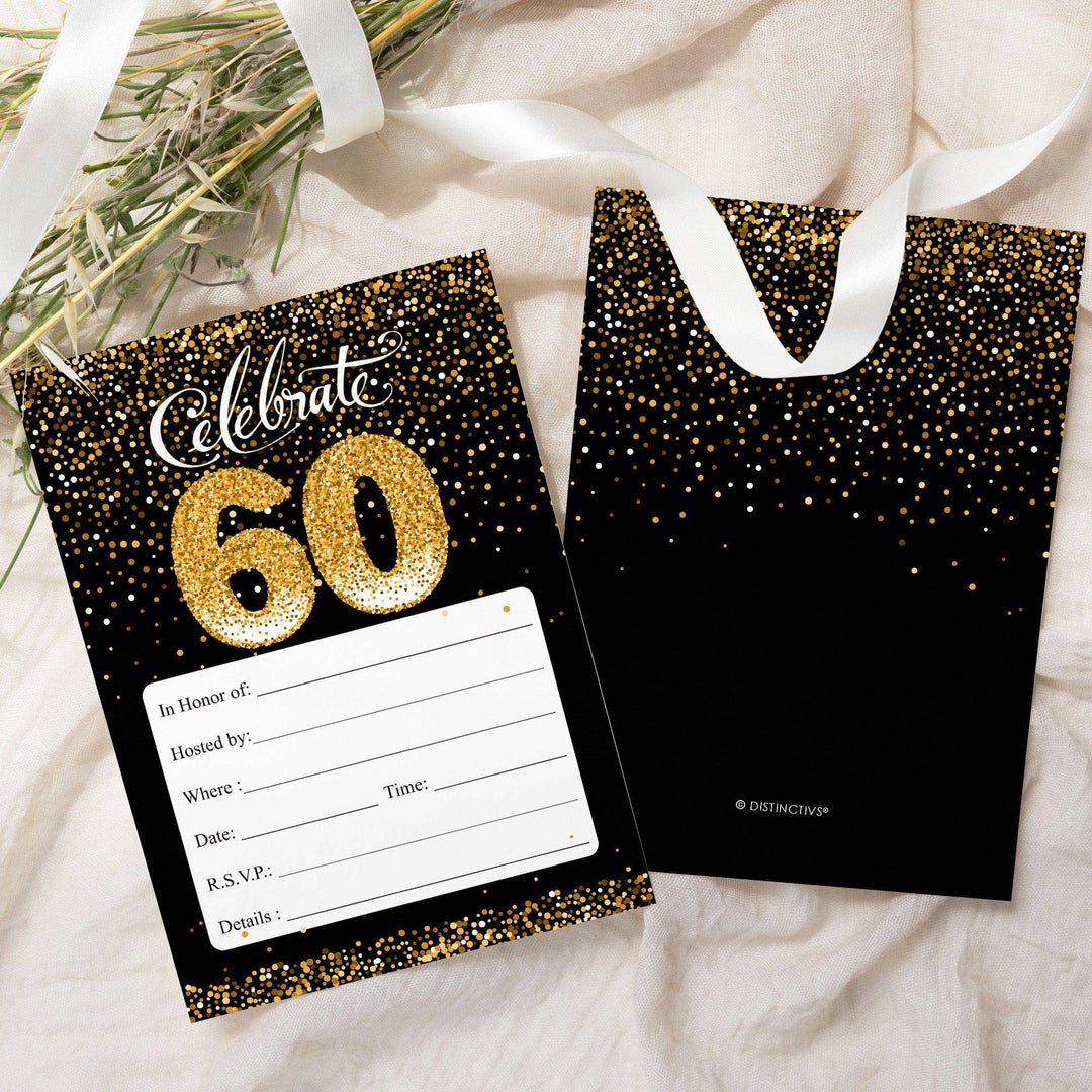 60th Birthday: Black & Gold Invitation Cards with Envelopes - Adult Birthday -  10 Pack - Distinctivs Party