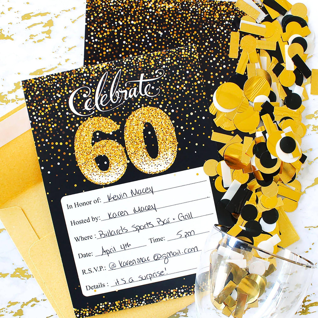 60th Birthday: Black & Gold Invitation Cards with Envelopes - Adult Birthday -  10 Pack - Distinctivs Party