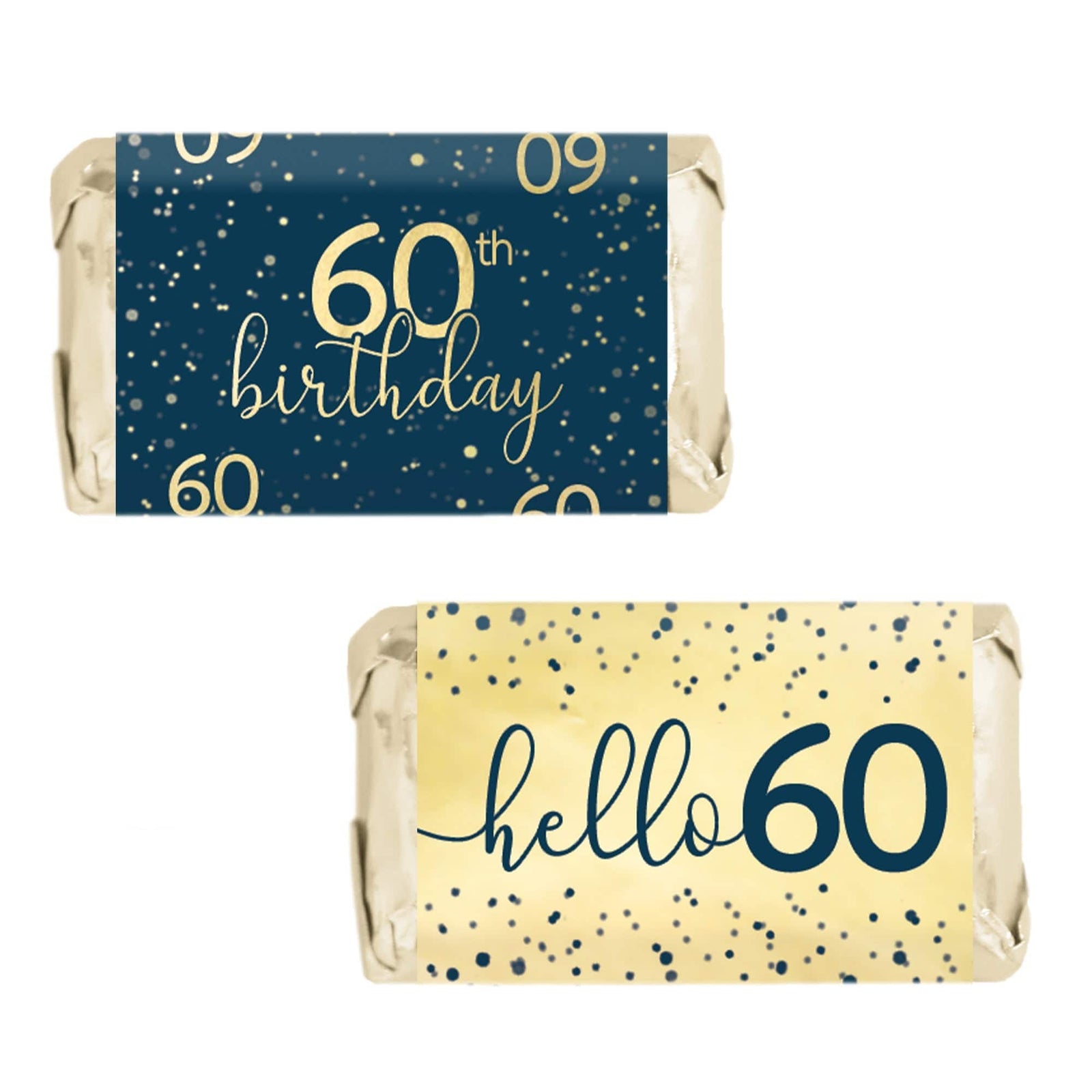 60th Birthday: Navy Blue & Gold - Adult Birthday - Hershey's® Miniatures Candy Bar Wrappers Stickers - Distinctivs Party