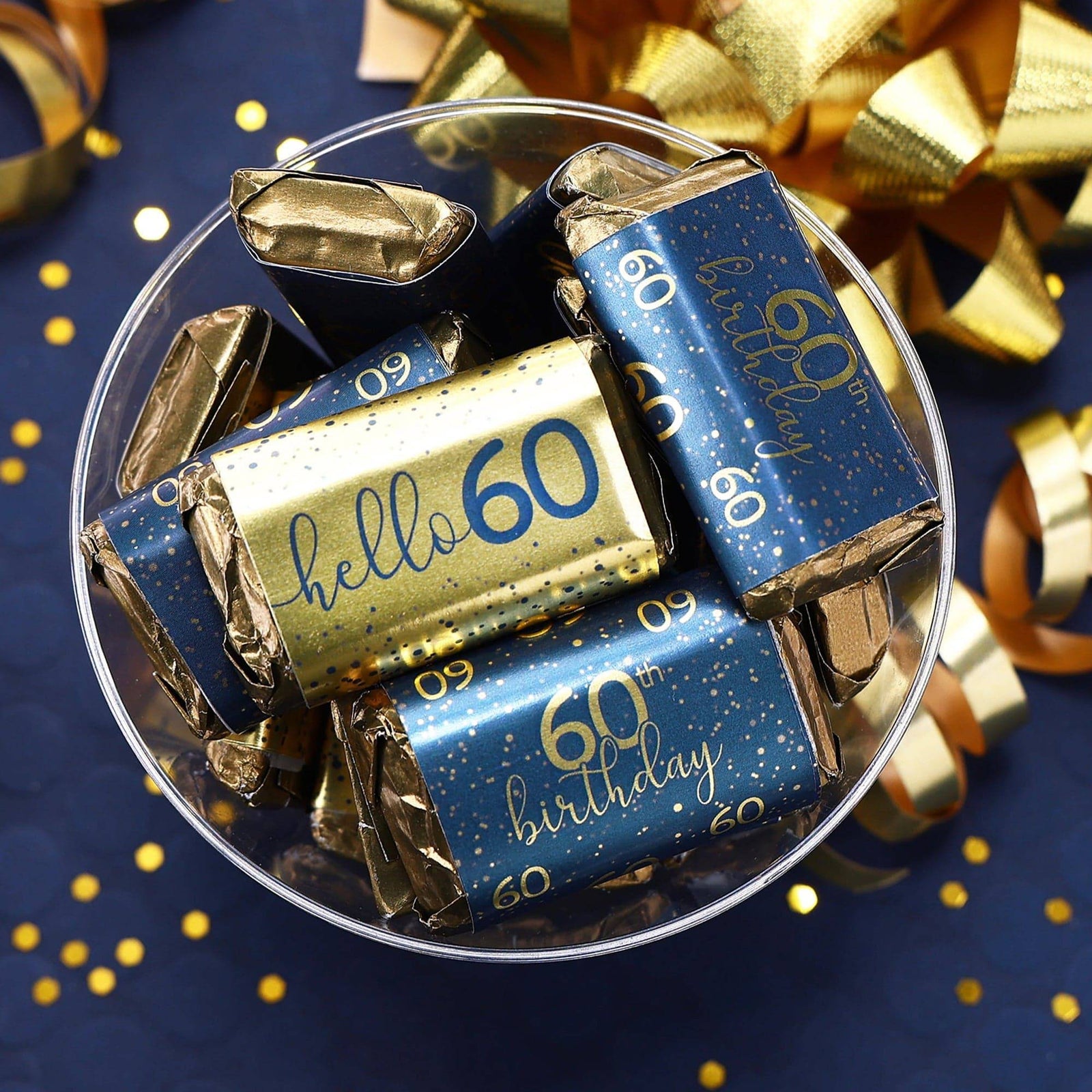 60th Birthday: Navy Blue & Gold - Adult Birthday - Hershey's® Miniatures Candy Bar Wrappers Stickers - Distinctivs Party