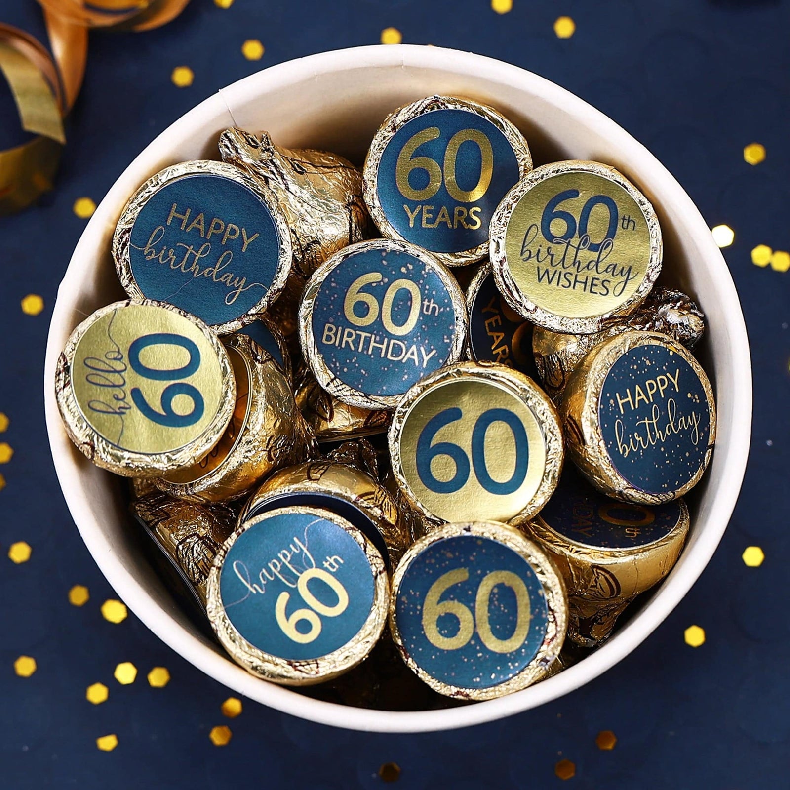 60th Birthday: Navy Blue & Gold - Adult Birthday -  Stickers - Fits Hershey's Kisses Candy - Distinctivs Party