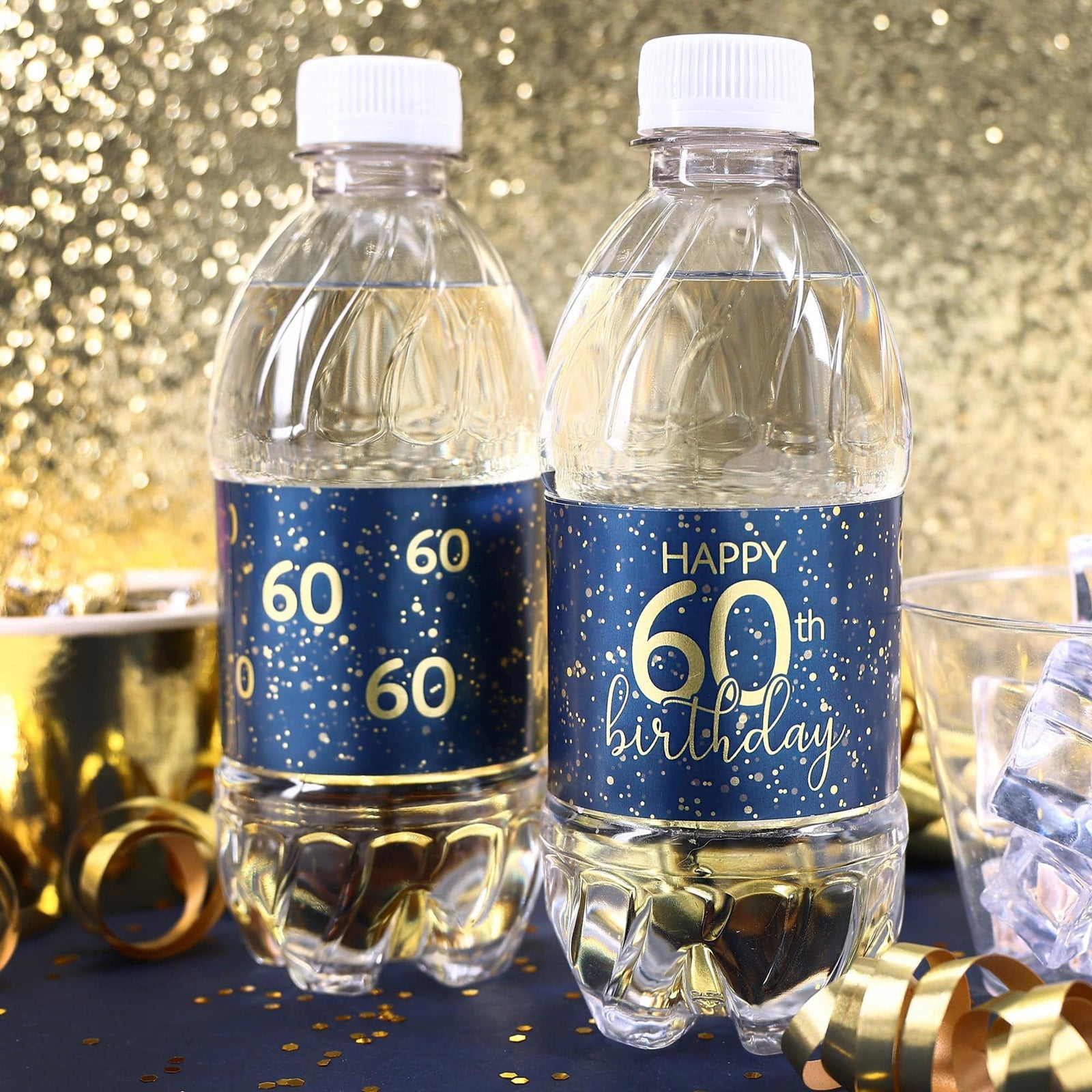 60th Birthday: Navy Blue & Gold - Adult Birthday -  Water Bottle Labels - Distinctivs Party