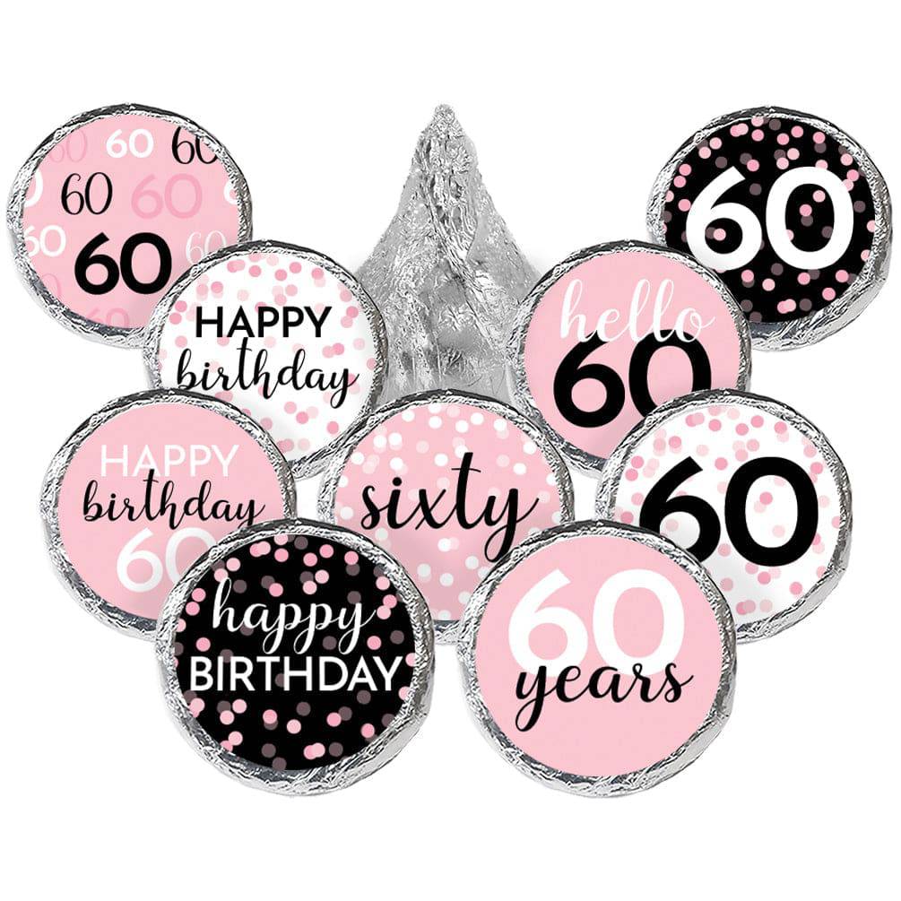 60th Birthday: Pink and Black - Adult Birthday - Party Favor Stickers - Fits on Hershey's Kisses - 180 Stickers - Distinctivs Party