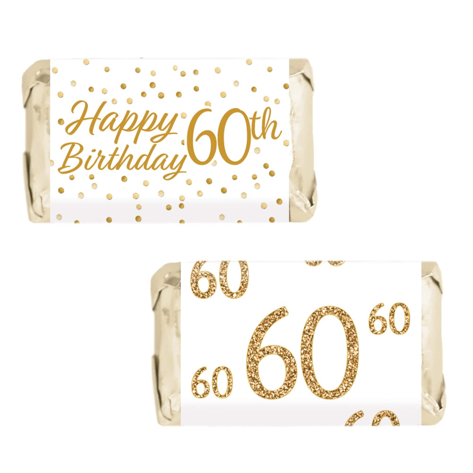 60th Birthday: White and Gold - Adult Birthday -  Hershey's Miniatures Candy Bar Wrappers Stickers - 45 Stickers - Distinctivs Party