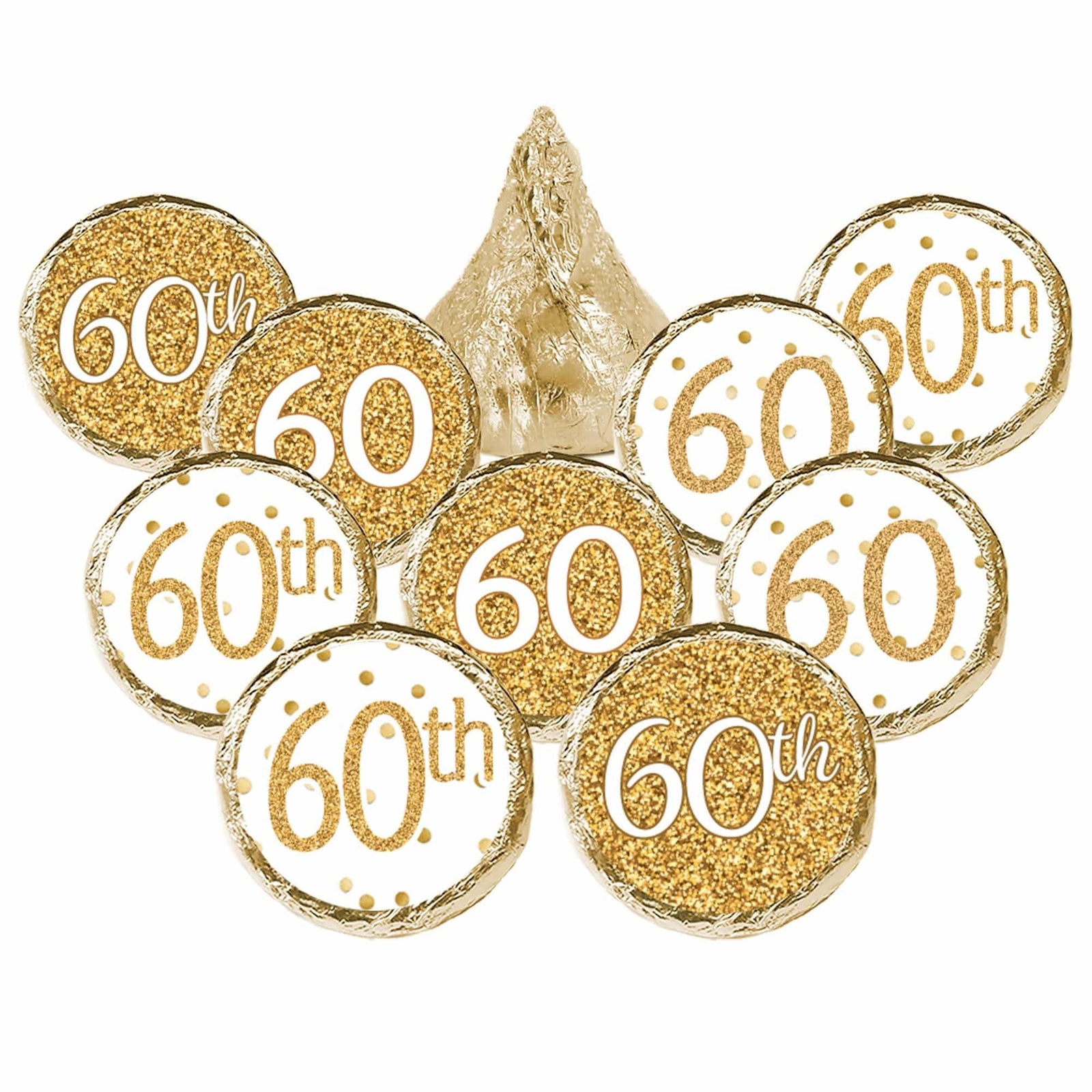 60th Birthday: White and Gold - Adult Birthday -   Party Favor Stickers - Fits on Hershey's Kisses - 180 Stickers - Distinctivs Party
