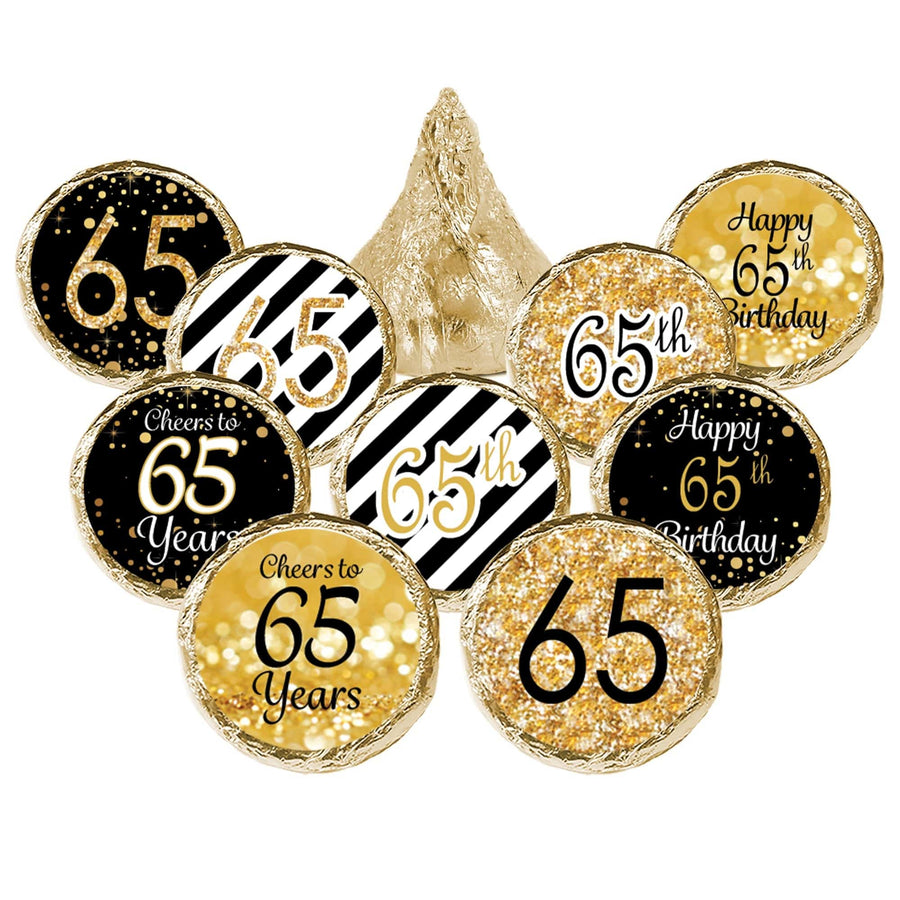 65th Birthday: Black & Gold - Fits on Hershey's Kisses - 180 Stickers - Distinctivs Party