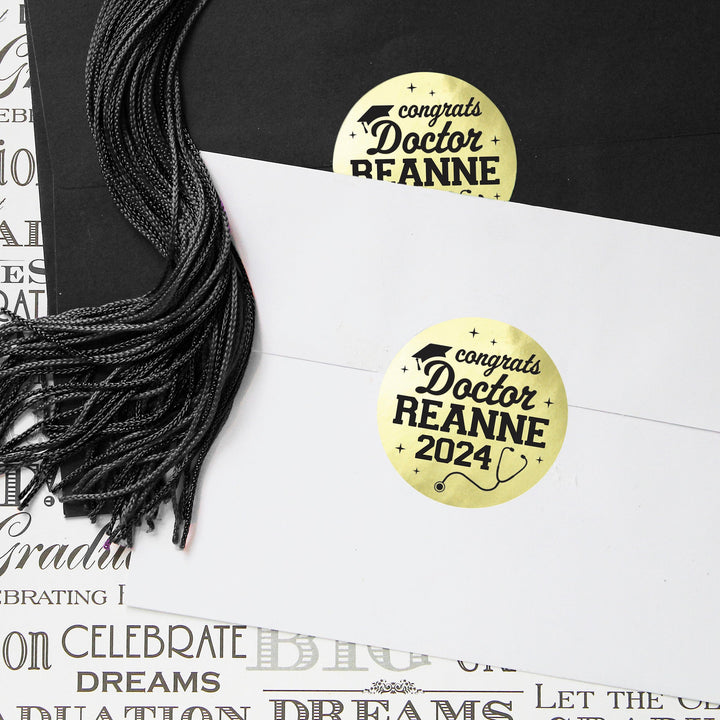 Personalized MD Medical Degree Graduation: Black and Gold - Custom Name & Year Favor Stickers - 40 Stickers