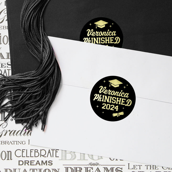 Graduación doctoral personalizada: negro y dorado, nombre y año personalizados, pegatinas para recuerdo de fiesta, 40 pegatinas