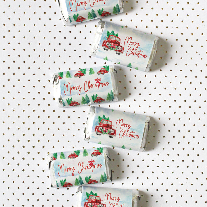 Vintage Red Truck: Christmas Party Mini Candy Bar Wrappers - 45 Stickers