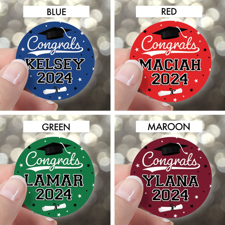 Graduación personalizada: 16 opciones de color - Nombre y año personalizados - Etiquetas de recuerdo de fiesta para sobres, sellos de bolsas - 40, 100 o 250 pegatinas
