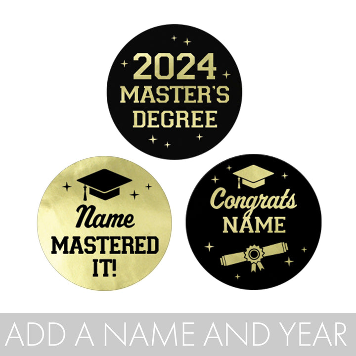 Graduación de maestría personalizada: negro y dorado - Nombre y año personalizados - Se adapta a Hershey® Kisses - 180 pegatinas