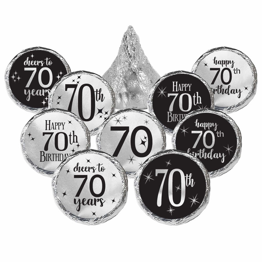 70th Birthday: Black and Silver Shiny Foil - Adult Birthday -  Party Favor Stickers - Fits on Hershey's Kisses - 180 Stickers - Distinctivs Party