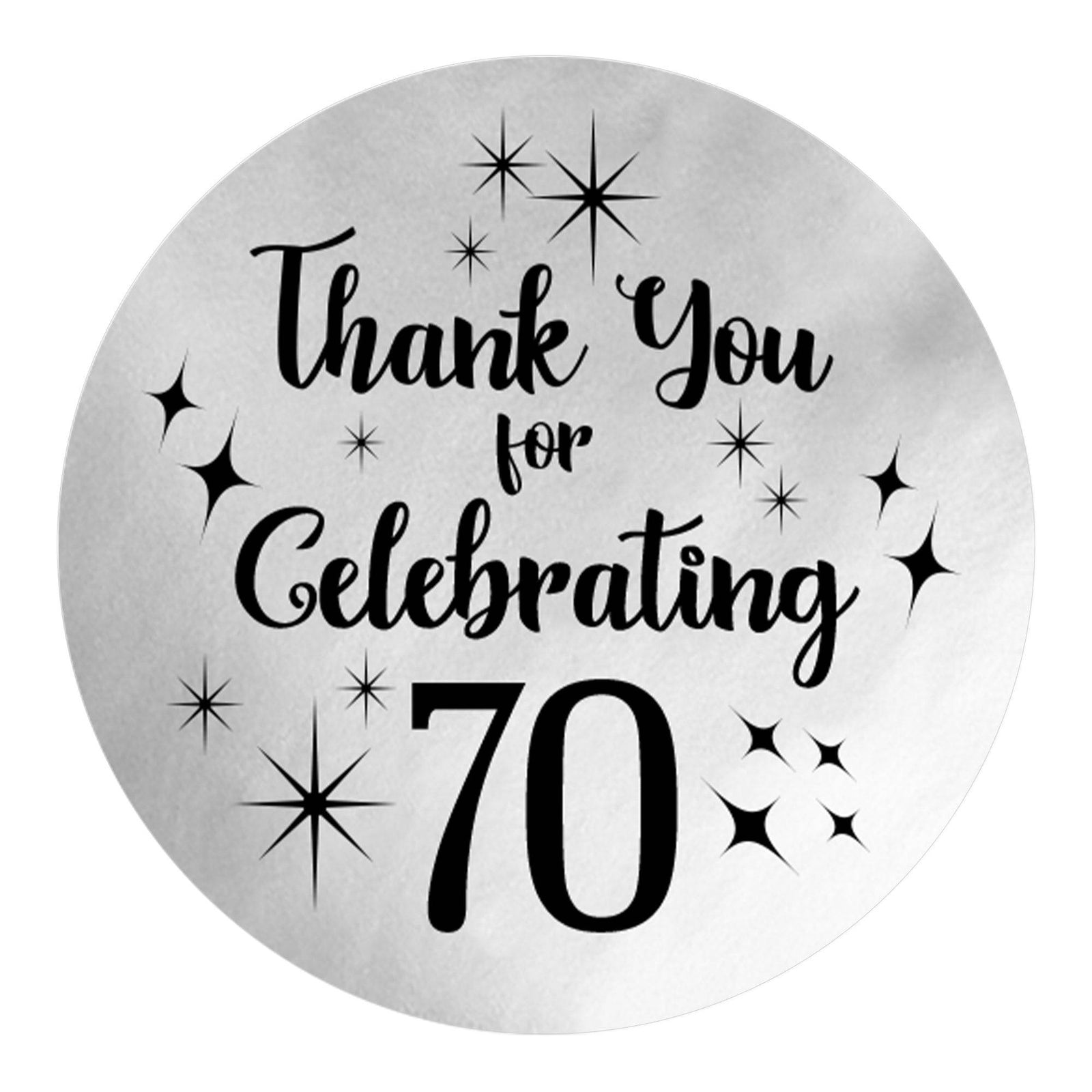 70th Birthday: Black and Silver Shiny Foil - Adult Birthday - Round Favor Stickers - 40 Stickers - Distinctivs Party