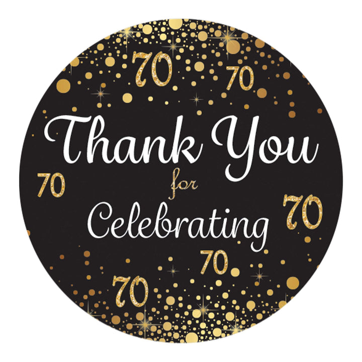 70th Birthday: Black & Gold - Adult Birthday - Thank You Stickers - 40 Stickers - Distinctivs Party