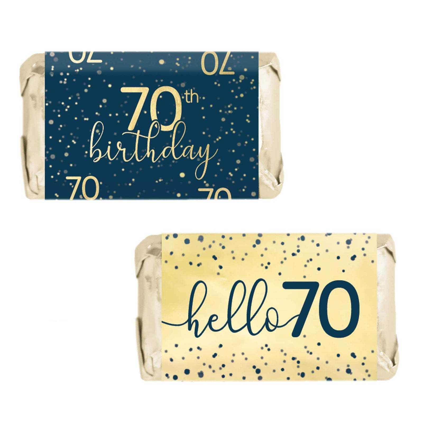 70th Birthday: Navy Blue & Gold - Adult Birthday -  Hershey's® Miniatures Candy Bar Wrappers Stickers - Distinctivs Party