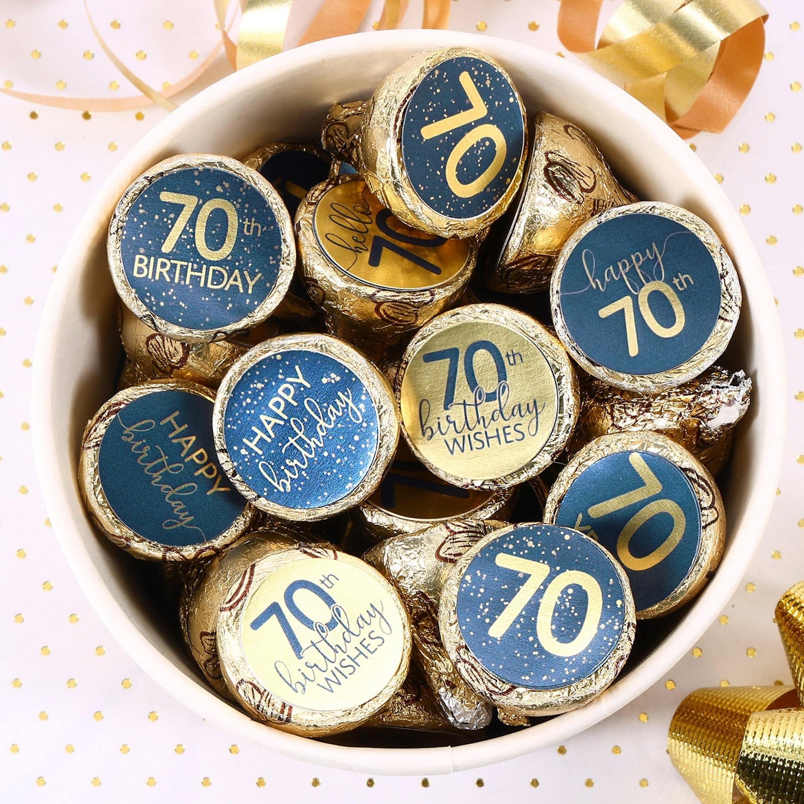 70th Birthday : Navy Blue & Gold -Stickers - Adult Birthday - Fits Hershey's Kisses Candy - Distinctivs Party