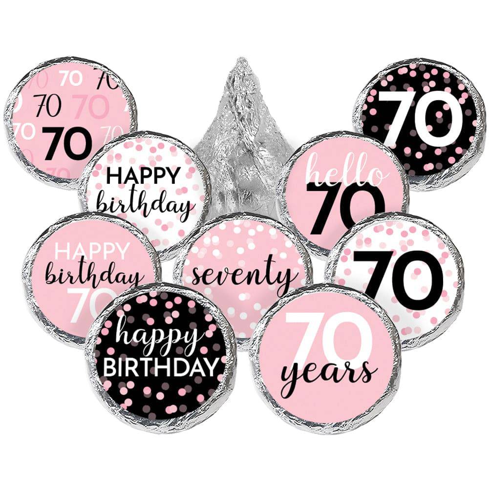 70th Birthday: Pink and Black - Adult Birthday -  Party Favor Stickers - Fits on Hershey's Kisses - 180 Stickers - Distinctivs Party
