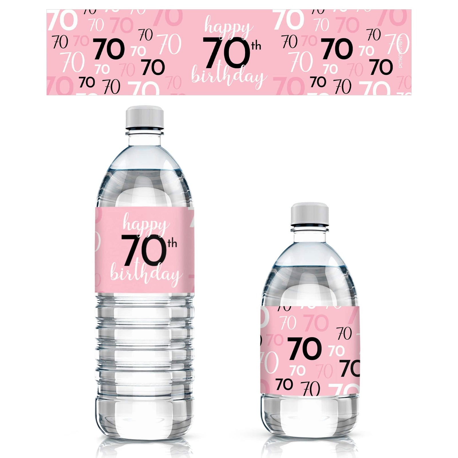 70th Birthday: Pink and Black - Adult Birthday - Water Bottle Label Stickers - 24 Waterproof Stickers - Distinctivs Party