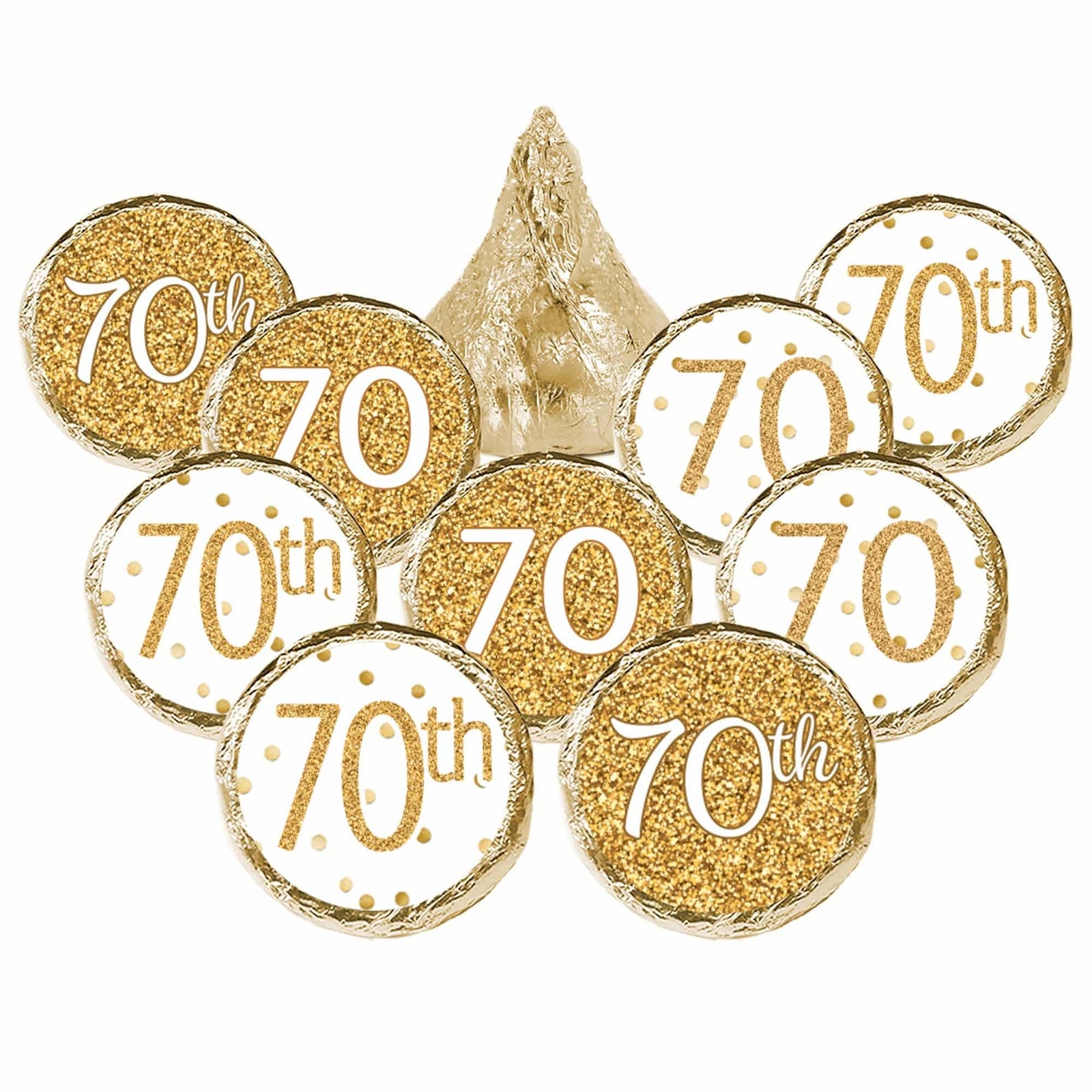 70th Birthday: White and Gold - Adult Birthday - Party Favor Stickers - Fits on Hershey's Kisses - 180 Stickers - Distinctivs Party