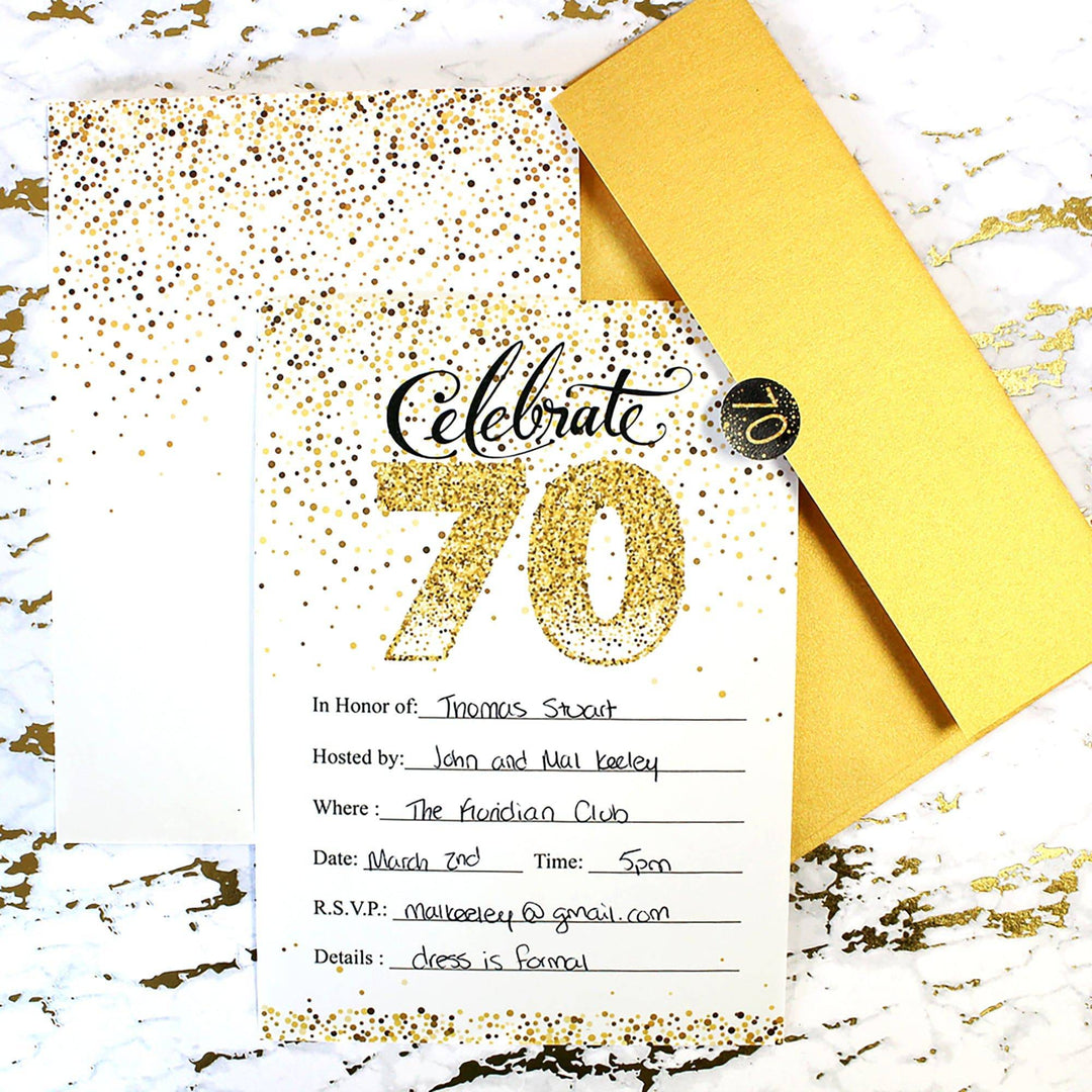 70th Birthday: White and Gold  - Adult Birthday - Party Invitations with Envelopes - 10 Pack - Distinctivs Party