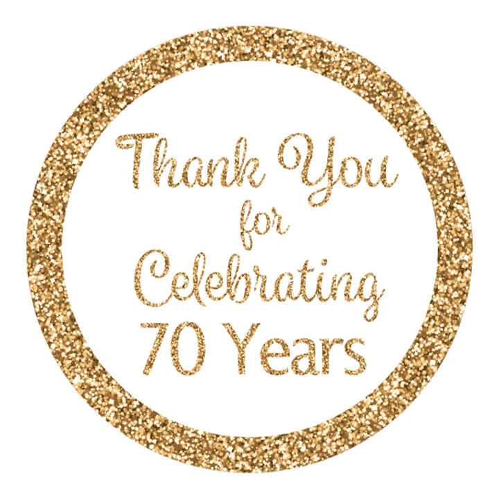 Celebrate the 70th with these elegant white and gold birthday thank you stickers. 