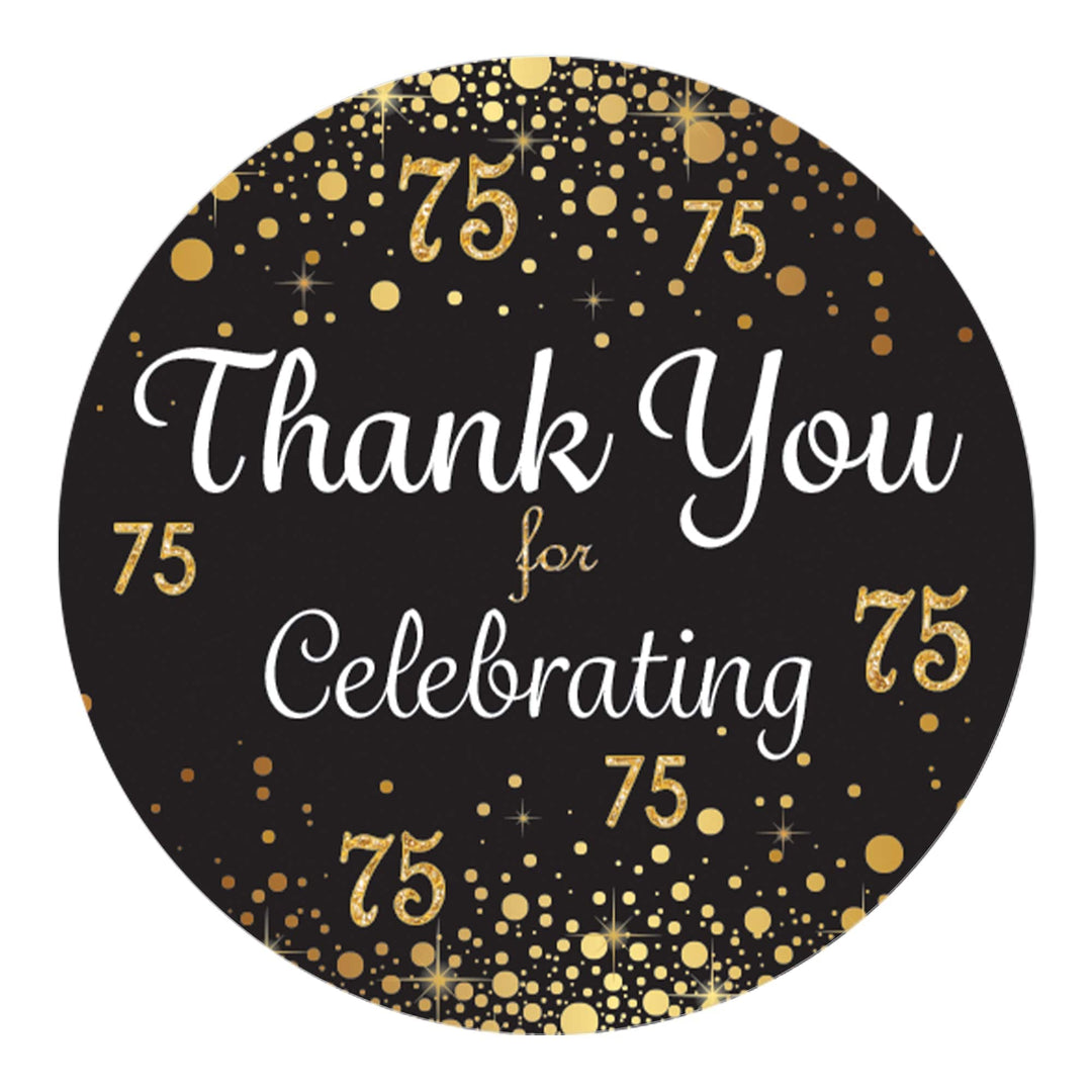 75th Birthday: Black & Gold - Adult Birthday - Thank You Stickers - 40 Stickers - Distinctivs Party