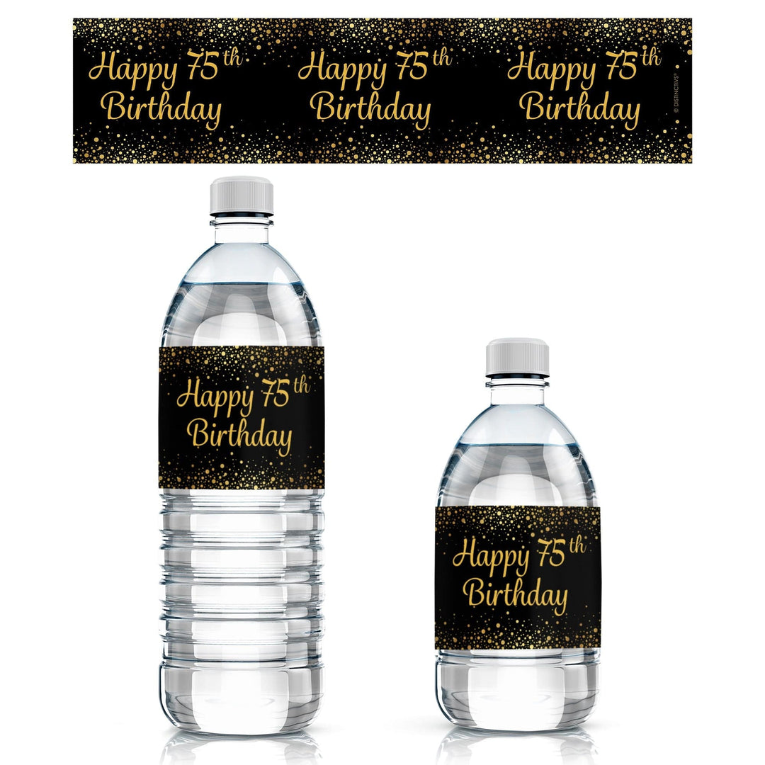 75th Birthday: Black & Gold - Adult Birthday - Water Bottle Labels - 24 Stickers - Distinctivs Party