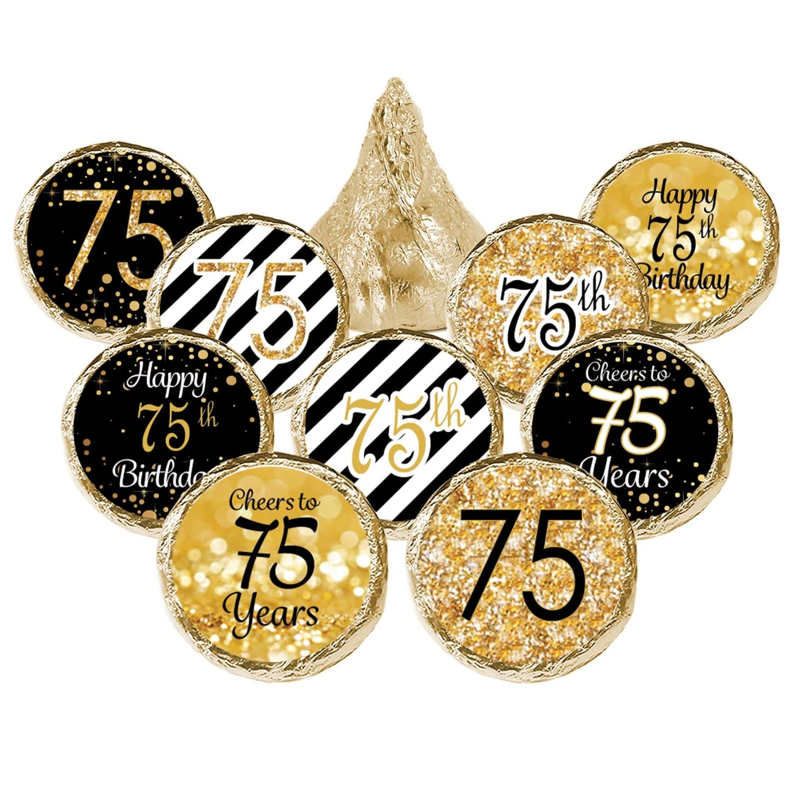 75th Birthday: Black & Gold - Fits on Hershey's Kisses - 180 Stickers - Distinctivs Party