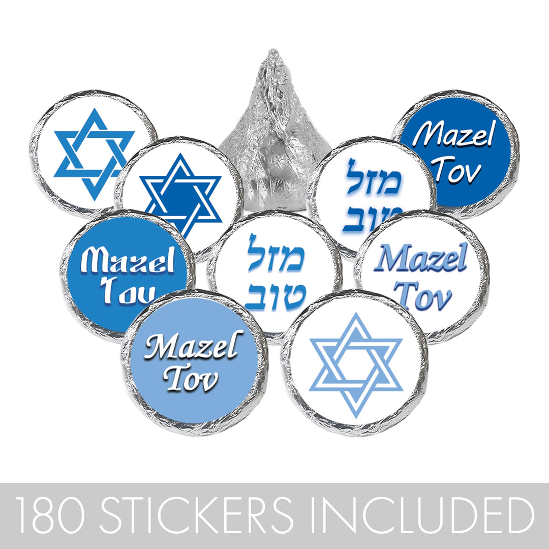Bar Mitzvah: Azul y Blanco - Pegatinas Mazel Tov - Se adapta a Hershey® Kisses - 180 pegatinas