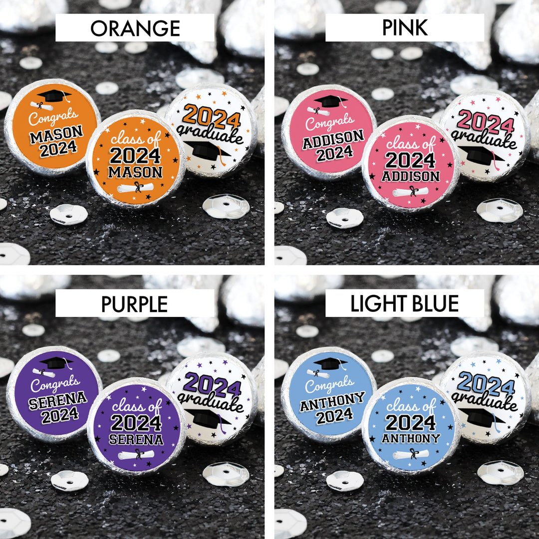 Personalized Graduation: 16 Color Choices - Custom Name and Year - Party Favor Labels - Fits Hershey® Kisses - 180 or 450 Stickers