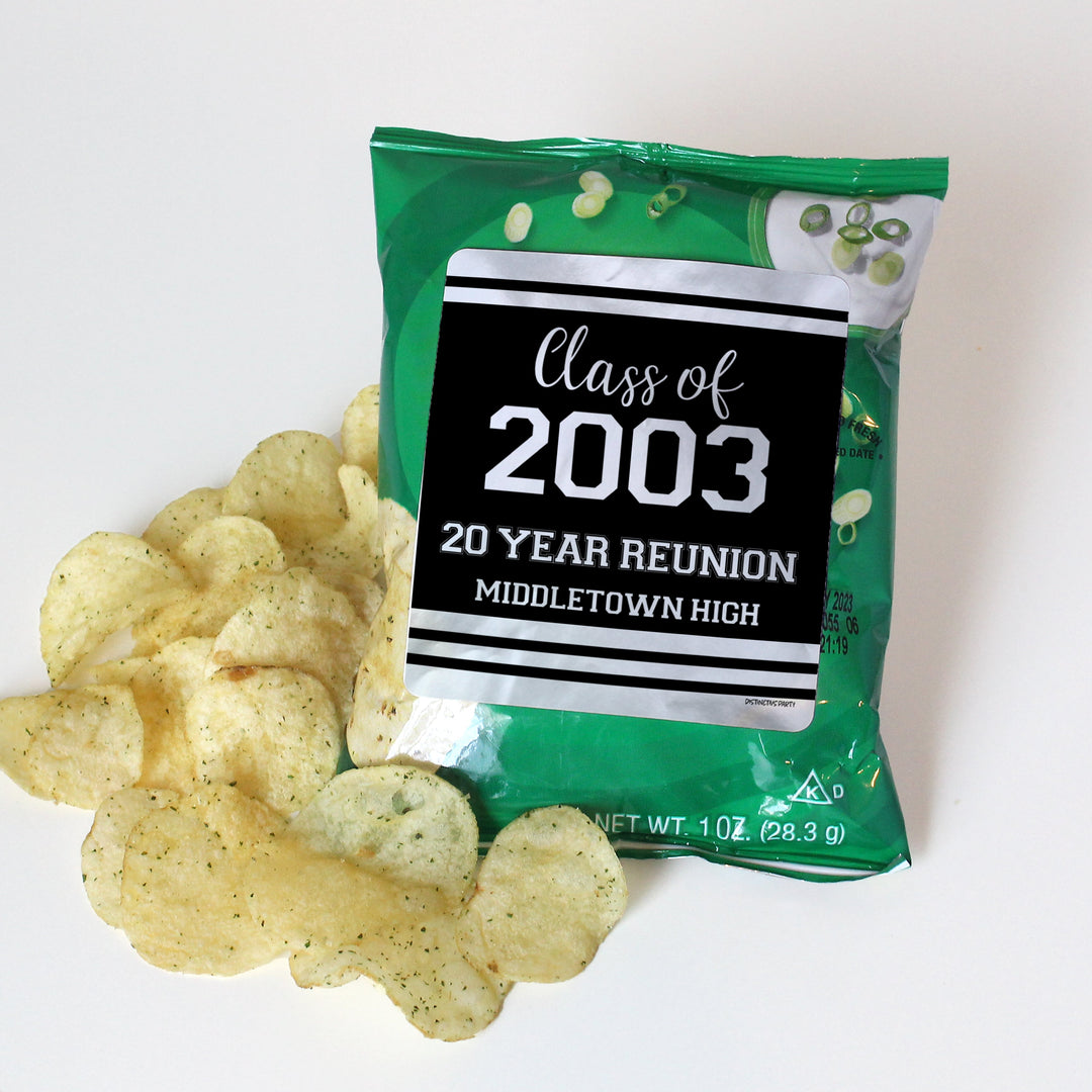 Personalized Class Reunion Chip Bag and Snack Bag Stickers - 32 or 96 Stickers (12 Color Choices)