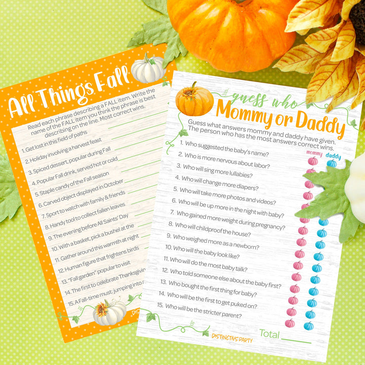 Little Pumpkin: Orange -  Baby Shower Game - "Guess Who" Mommy or Daddy and All things Fall Party Activity - Two Game Bundle - 20 Dual Sided Cards
