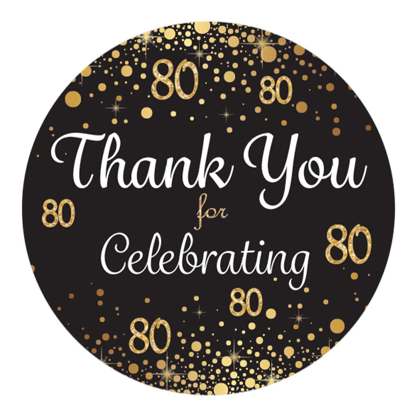 80th Birthday: Black & Gold - Adult Birthday -  Thank You Stickers - 40 Stickers - Distinctivs Party