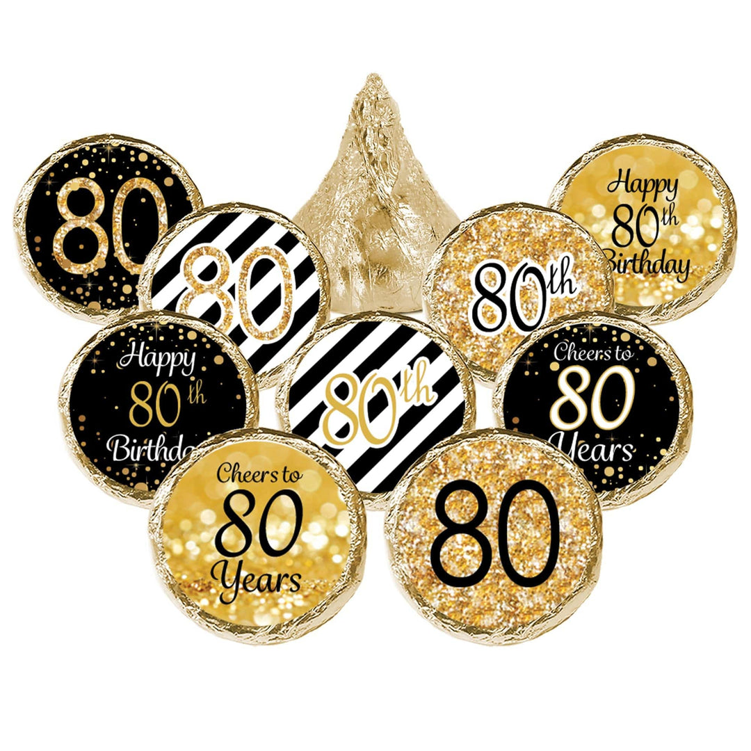 80th Birthday: Black & Gold - Fits on Hershey's Kisses - 180 Stickers - Distinctivs Party