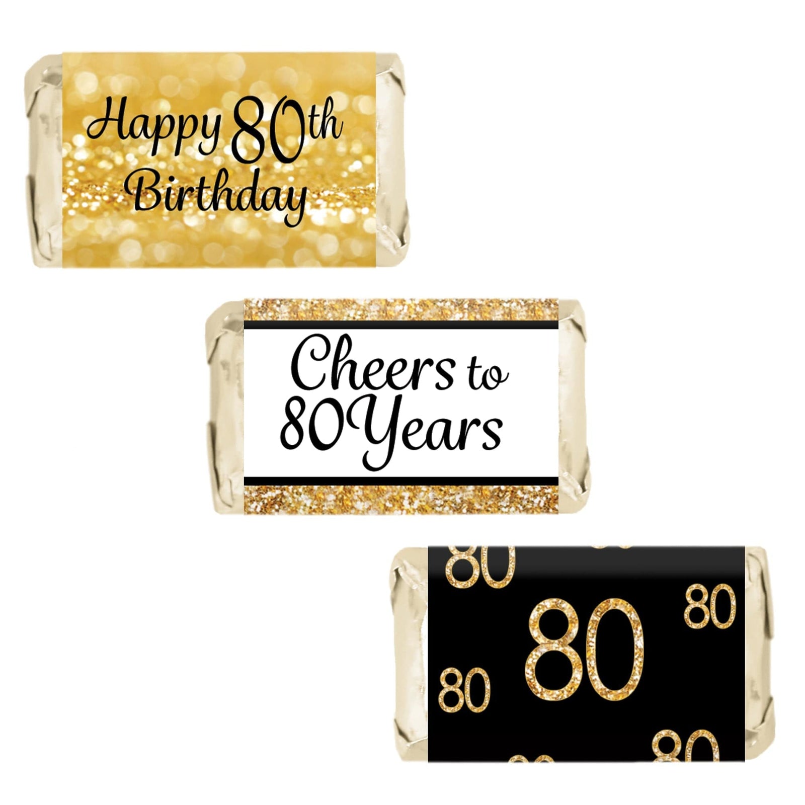 80th Birthday: Black & Gold - Hershey's Miniatures Candy Bar Wrappers Stickers - 45 Stickers - Distinctivs Party