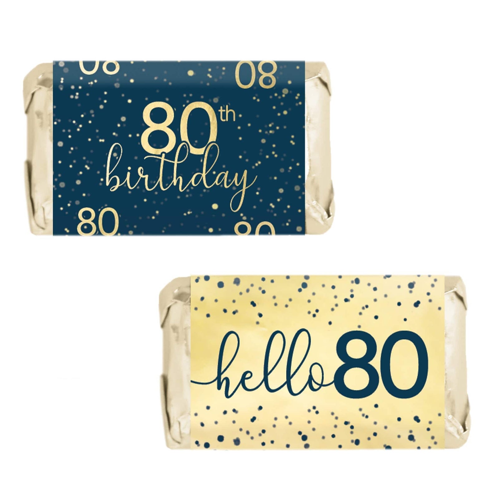 80th Birthday: Navy Blue & Gold - Adult Birthday -  Hershey's® Miniatures Candy Bar Wrappers Stickers - Distinctivs Party