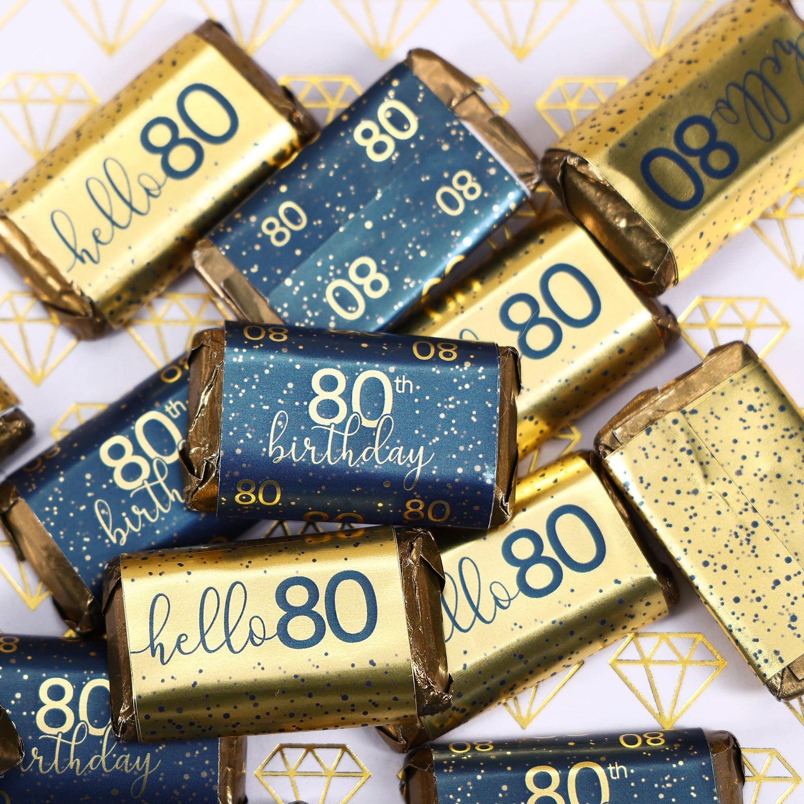 80th Birthday: Navy Blue & Gold - Adult Birthday -  Hershey's® Miniatures Candy Bar Wrappers Stickers - Distinctivs Party
