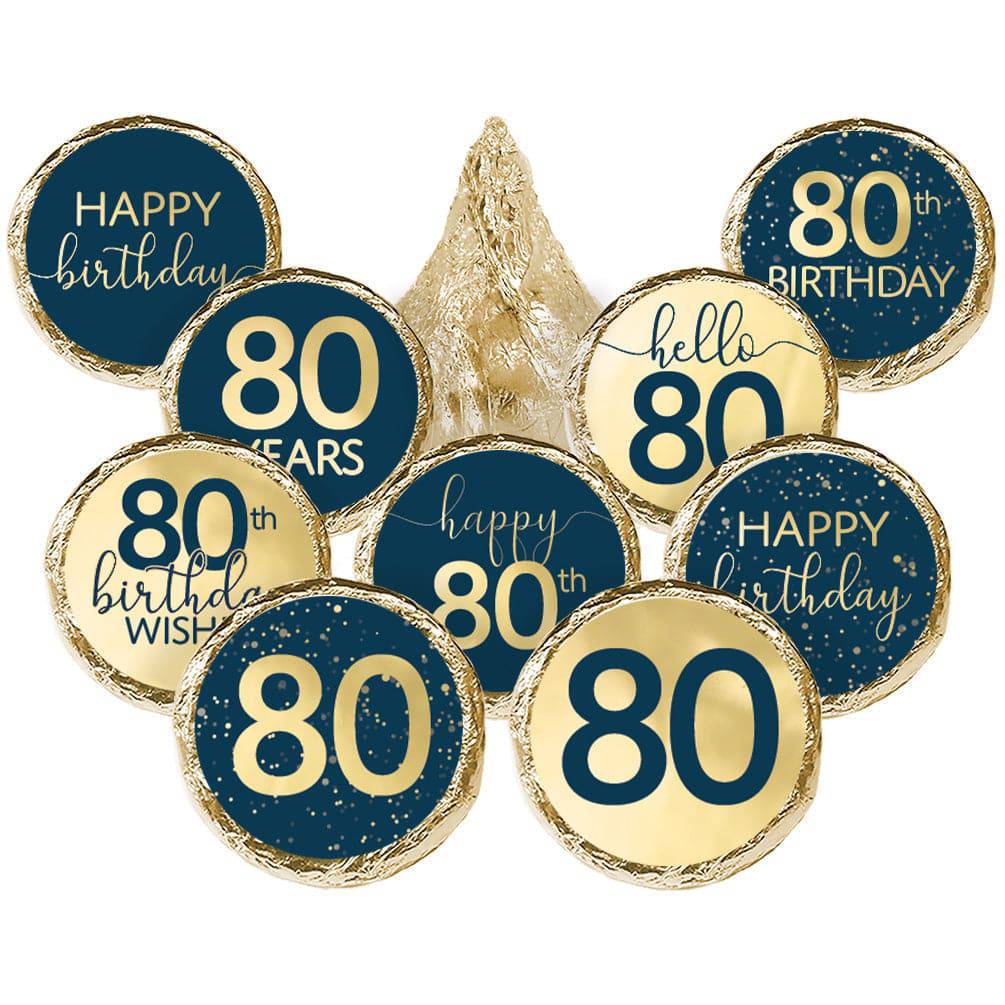 80th Birthday: Navy Blue & Gold - Adult Birthday - Stickers - Fits Hershey's Kisses Candy - Distinctivs Party
