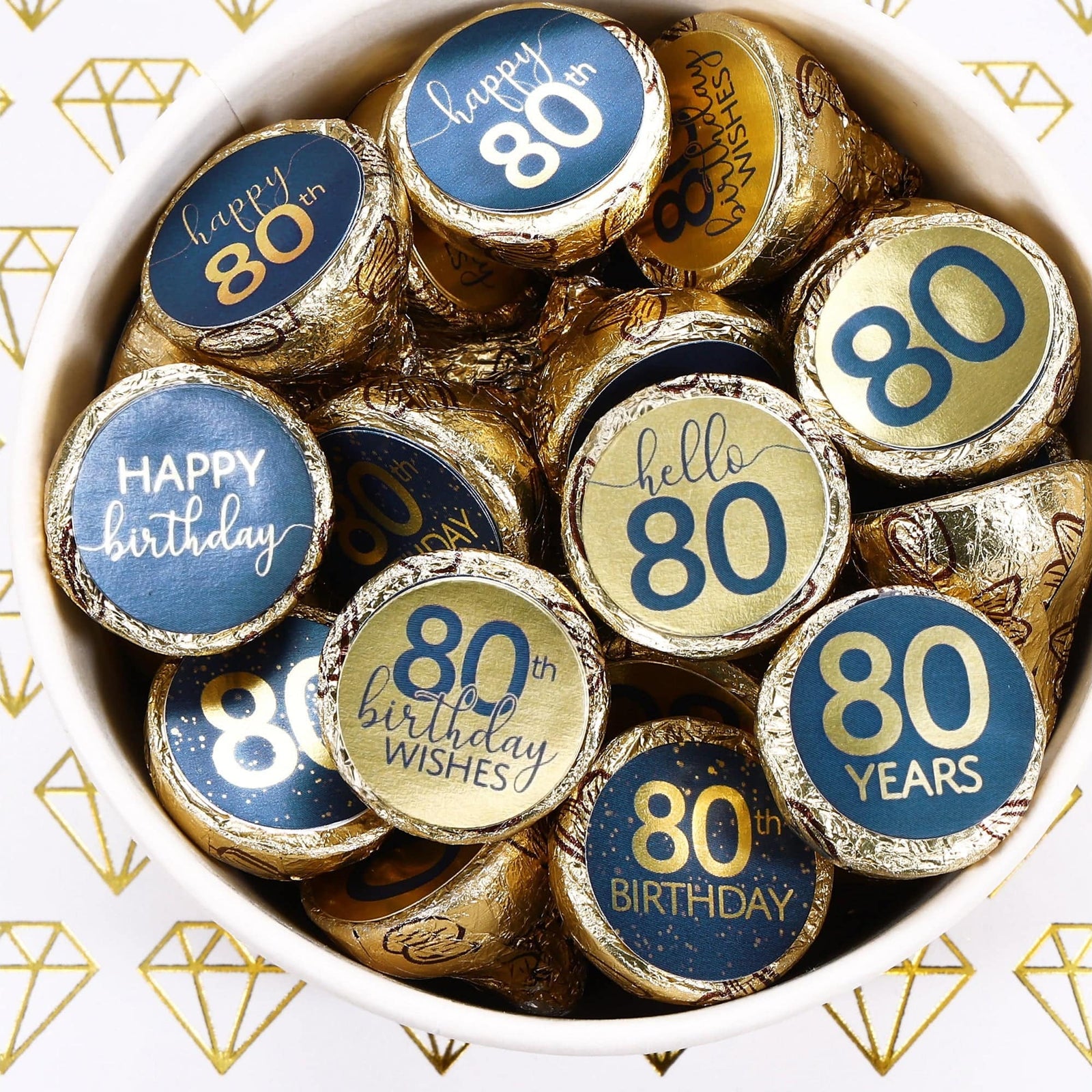 80th Birthday: Navy Blue & Gold - Adult Birthday - Stickers - Fits Hershey's Kisses Candy - Distinctivs Party