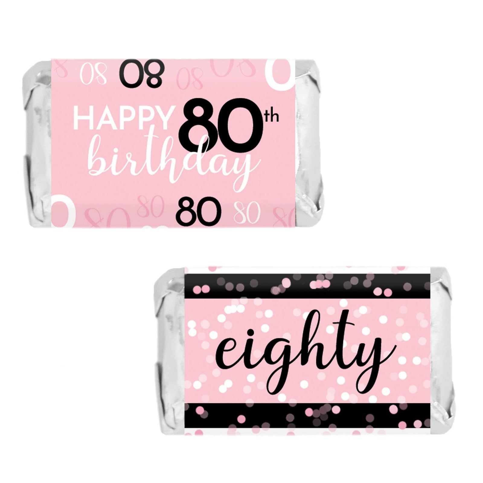 80th Birthday: Pink and Black - Adult Birthday - Hershey's Miniatures Candy Bar Wrappers Stickers - 45 Stickers - Distinctivs Party