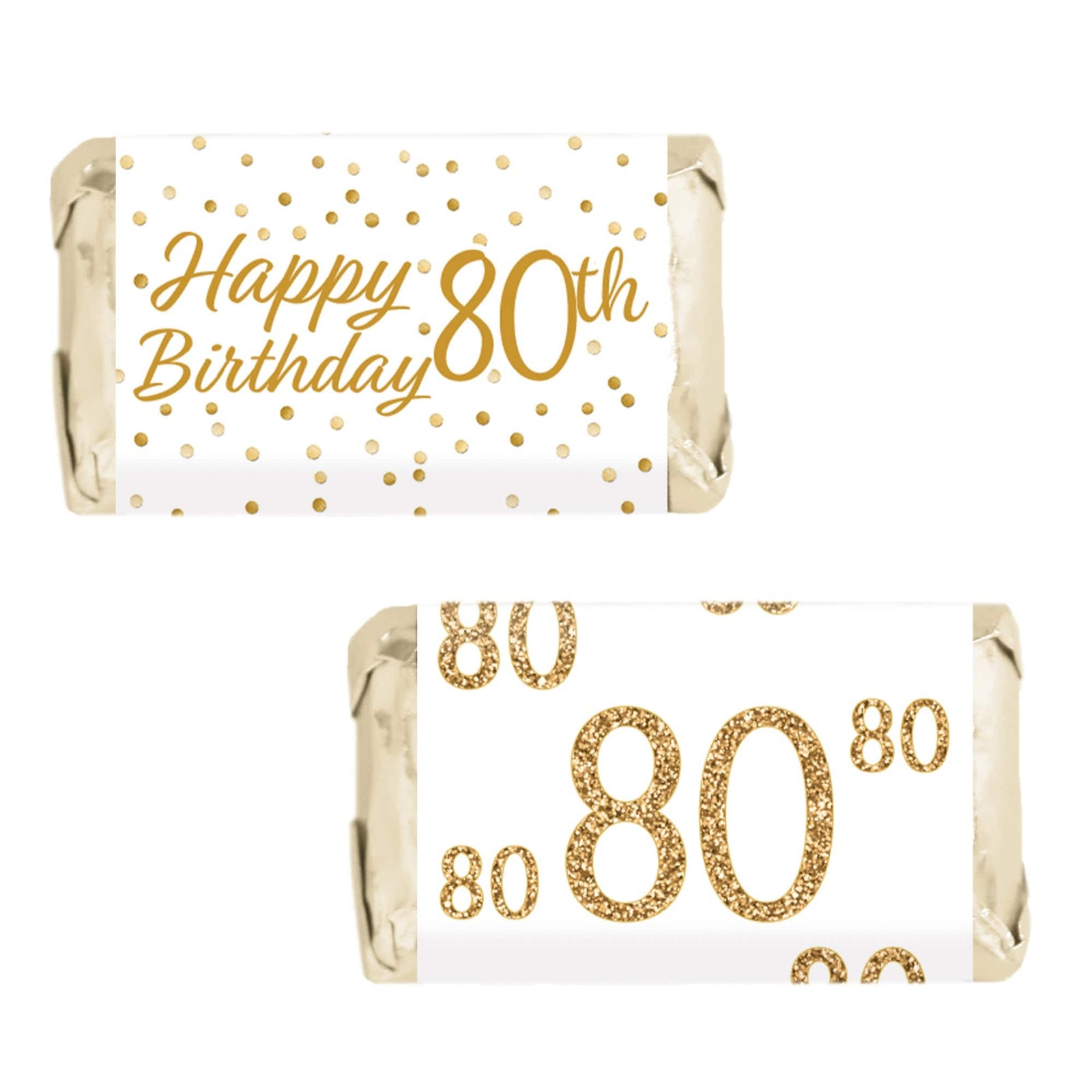 80th Birthday: White and Gold - Adult Birthday - Hershey's Miniatures Candy Bar Wrappers Stickers - 45 Stickers - Distinctivs Party