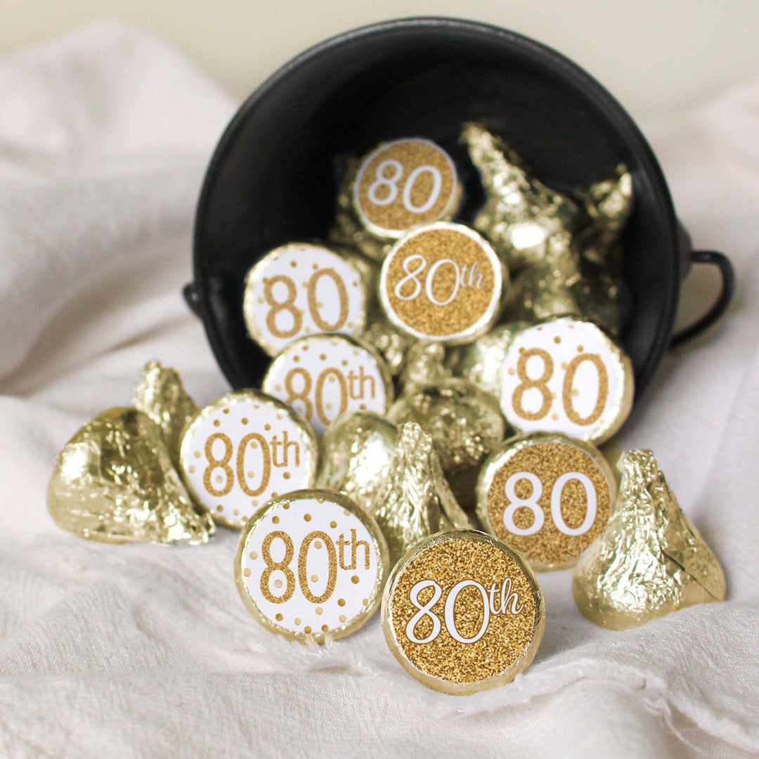 80th Birthday: White and Gold - Adult Birthday - Party Favor Stickers - Fits on Hershey's Kisses - 180 Stickers - Distinctivs Party