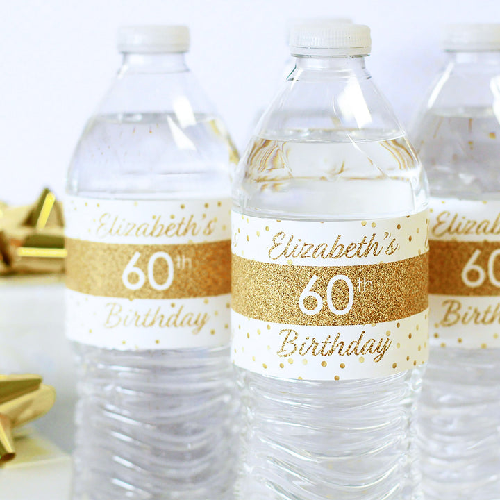 Personalized Birthday: White and Gold - Water Bottle Labels - 24 Waterproof Stickers