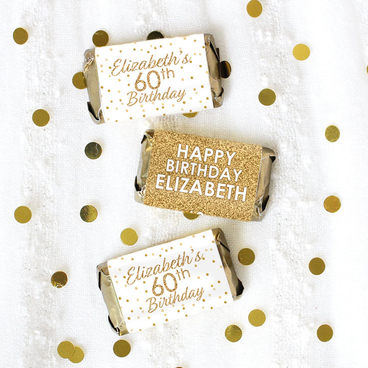 Personalized Birthday: White and Gold - Mini Candy Bar Labels - Fits on Hershey® Miniatures - 45 or 250 Stickers