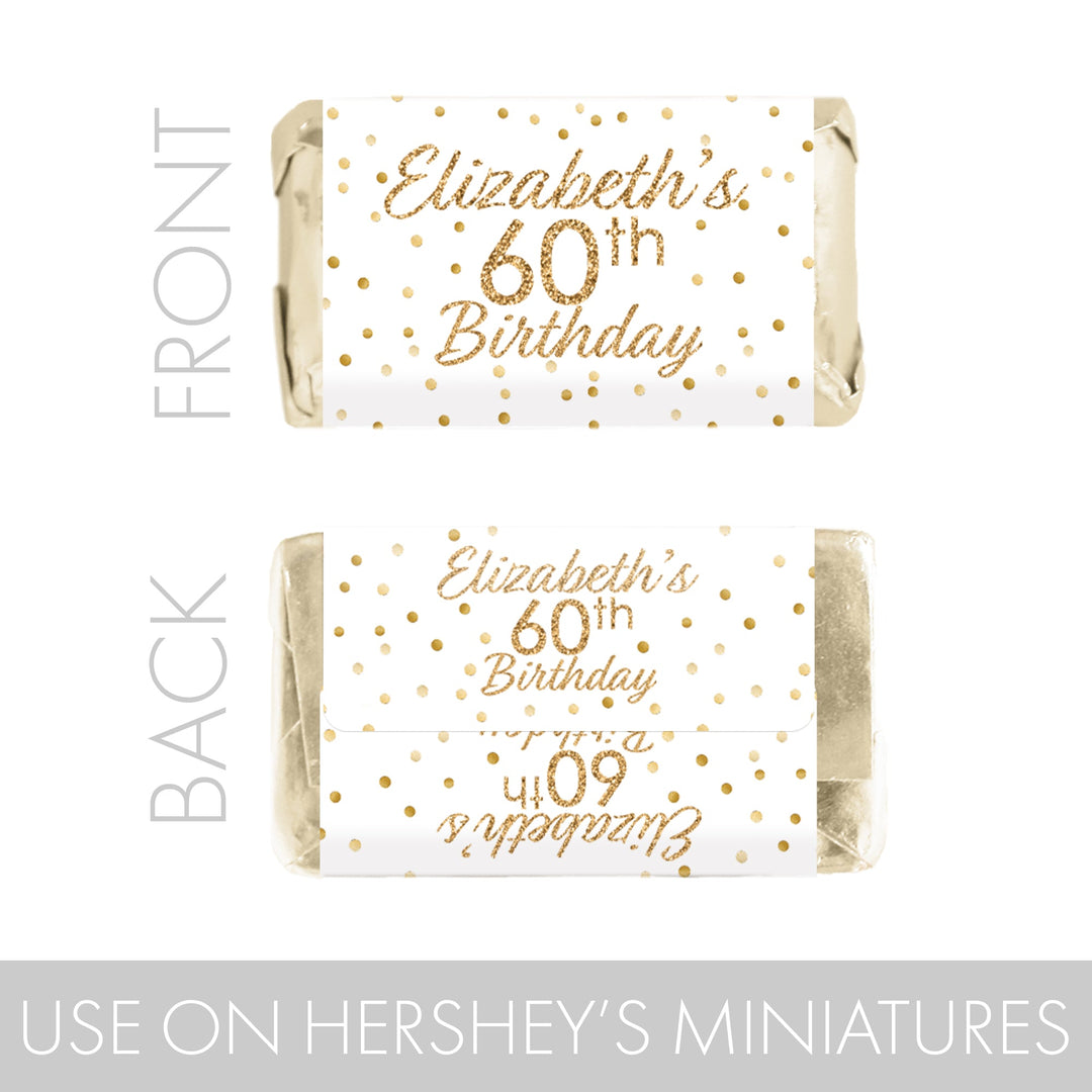 Cumpleaños personalizado: blanco y dorado - Mini etiquetas para barra de dulces - Se adapta a miniaturas Hershey® - 45 pegatinas