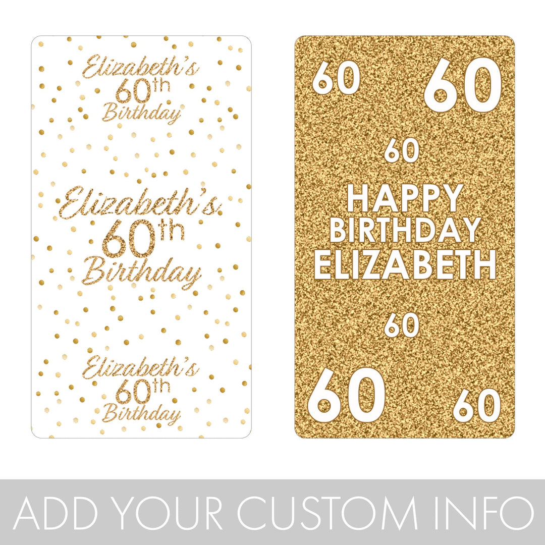 Cumpleaños personalizado: blanco y dorado - Mini etiquetas para barra de dulces - Se adapta a miniaturas Hershey® - 45 pegatinas