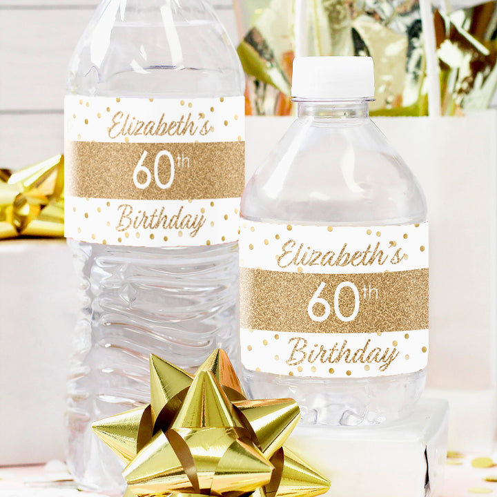 Personalized Birthday: White and Gold - Water Bottle Labels - 24, 100, or 250  Waterproof Stickers